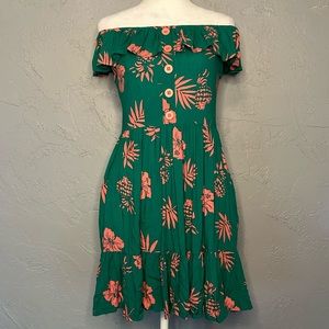 Hell Bunny Tropical Print Off the Shoulder Dress